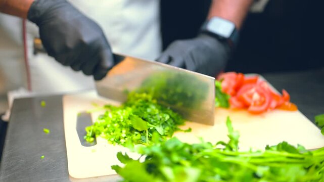 A professional chef is chopping coriander on a chopping board. 4K close up view of fresh coriander and tomato.
