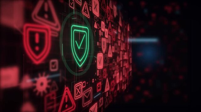 Red warning icons turn into green verified shields across a glowing digital icon wall