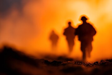 Obraz premium Silhouettes of soldiers on a military mission through an orange smoky battlefield. Low angle view of an army squad in a warzone at sunset