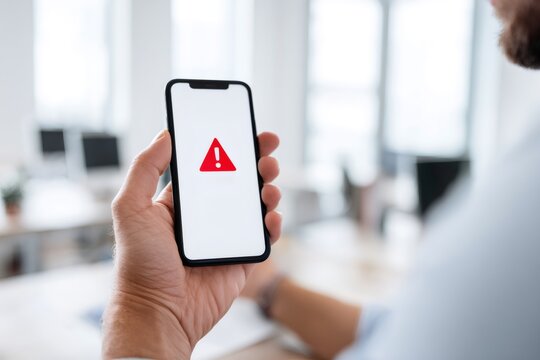 Man holding a smartphone displaying a red warning icon in an office. Mobile error or security alert notification