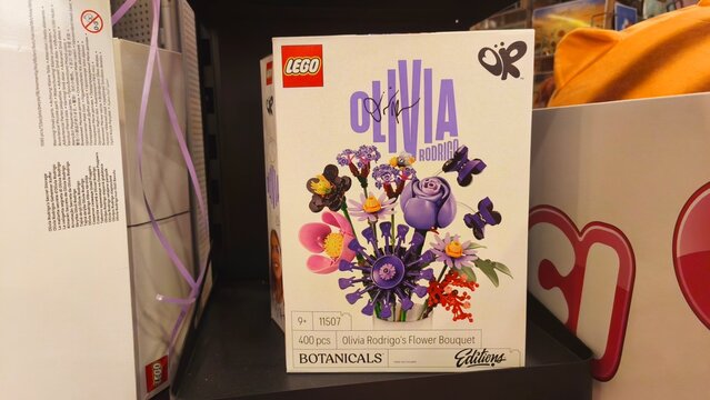 Potsdam, Germany - September 03, 2026: LEGO Olivia Rodrigo's Flower Bouquet set displayed on a shelf, featuring vibrant colors and floral designs in a retail environment
