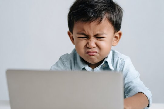 Frustrated Asian boy making a face while using a laptop. Upset child having problems with online learning or computer work. Negative emotion and technology stress concept