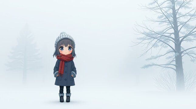 A girl dressed warmly in a coat scarf and hat calmly stands in a misty winter landscape surrounded by snow covered trees reflecting a serene atmosphere