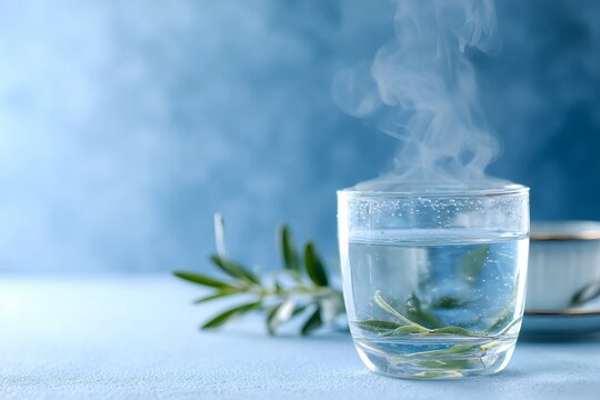 Glass of hot herbal tea with steam on a blue background. Healthy natural drink for detox and wellness with copy space