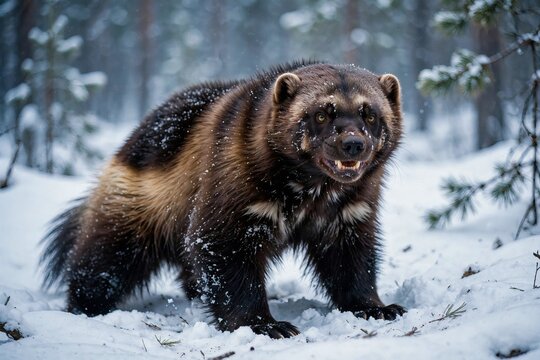 Aggressive wolverine Gulo gulo standing in deep snow in a northern hemisphere winter forest snarling and showing sharp teeth while looking directly at the camera