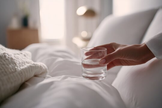A woman's hand holding a glass of water in bed. Waking up in the morning with a healthy hydration routine. Self-care and wellness concept
