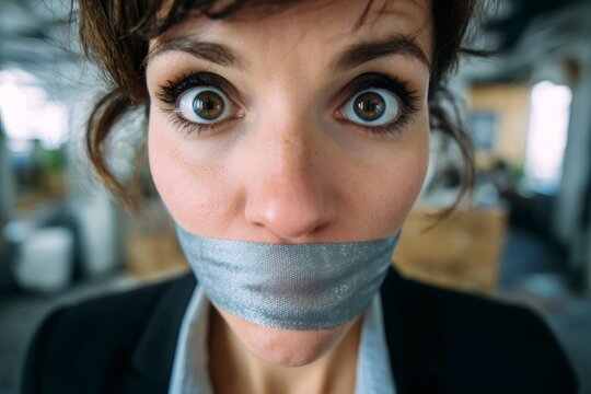 Close-up portrait of a scared businesswoman with duct tape over her mouth. Censorship and silence concept