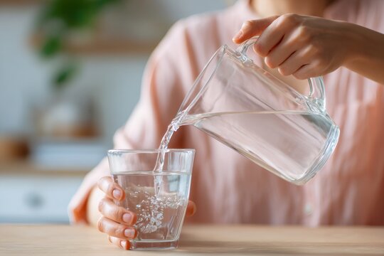 Close up of a woman pouring water from a pitcher into a glass. Daily hydration and healthy lifestyle concept. Refreshing pure drink in a home kitchen