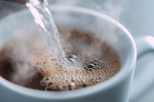 Close up of hot water pouring into a white mug with coffee. Steaming beverage preparation. Morning breakfast drink