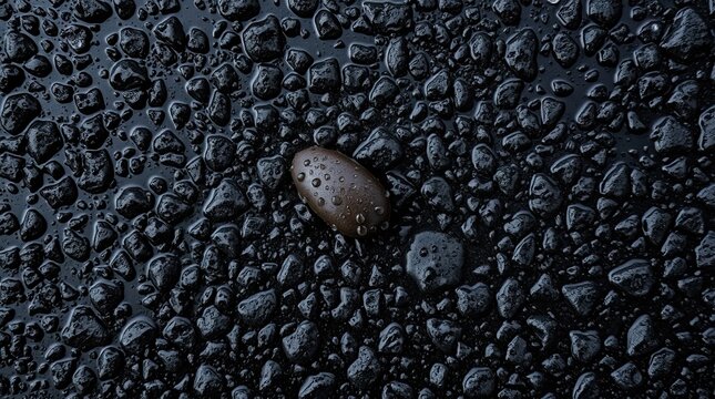 A solitary brown stone rests on a surface covered with wet black pebbles showcasing the texture and reflections of raindrops in a natural setting