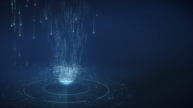 Glowing particle shield with keyhole forming from falling data on a blue security platform