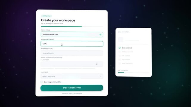 Sign up form animation showing a workspace onboarding flow with password strength and checklist