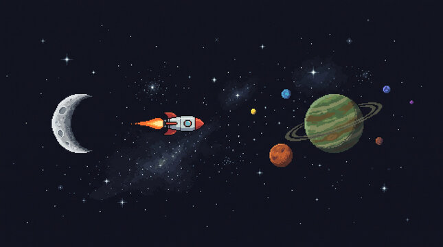 pixel art rocket flying in outer space with planets