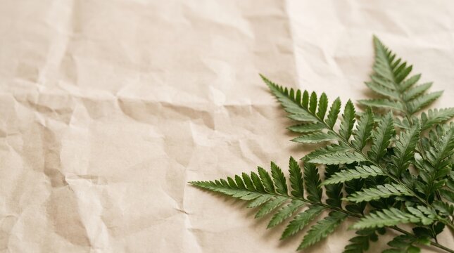 Green fern leaves placed on a textured beige crumpled paper background with copy space for text