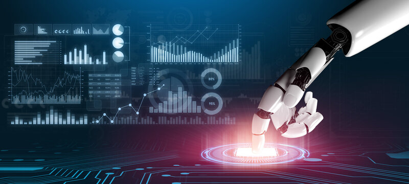 A futuristic robotic hand reaching towards a glowing button on a digital interface filled with graphs and data, symbolizing the future of technology and innovation. Scalp