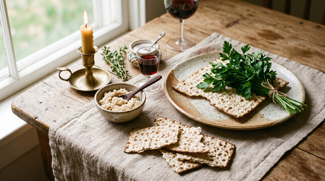 traditional passover matzah flatbread on linen table runner