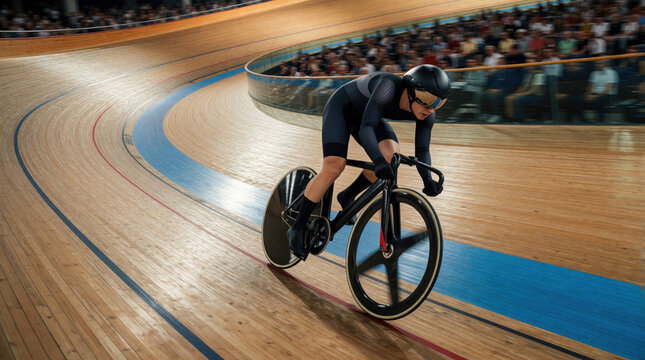 Track cyclist in aero suit rides fast on wooden velodrome track. Athlete leans on steep curve during intense bike race. Motion blur shows high speed action in indoor cycling arena. Pro racer competes