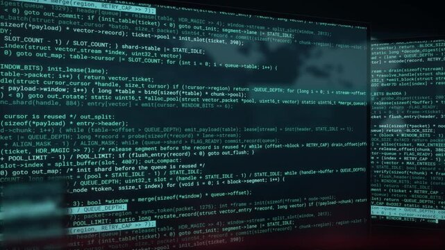Programming code scrolling on angled computer monitors in dark space seamless loop