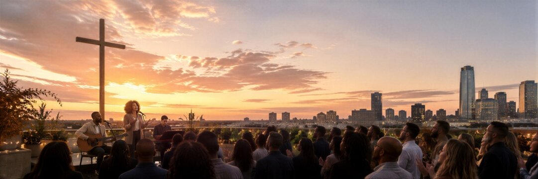 Woman singer with musicians leading outdoor worship at sunset with wooden cross and diverse crowd praying on rooftop against city skyline.