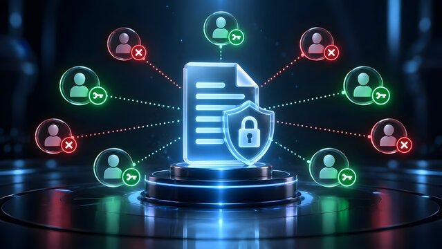 Futuristic digital document security concept showing user access control management with shield padlock hologram and authorized permissions.