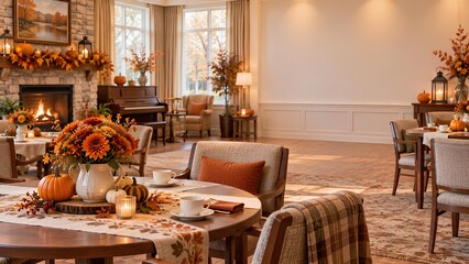 Obraz premium 秋の装飾が施された温かみのあるリビングと暖炉の風景 / Warm living room decorated with autumn theme and a fireplace (Generative AI)