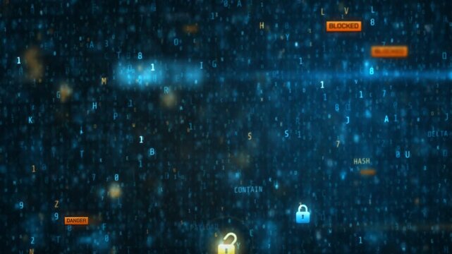 Floating alphanumeric characters with blue and orange padlocks in a cybersecurity data loop