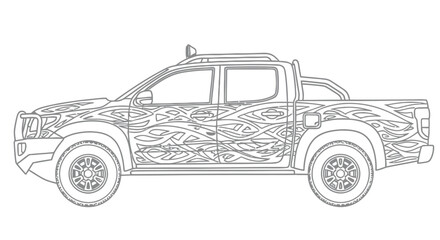 Fototapeta premium Pickup truck line drawing features flame style graphics on the body panels