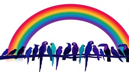 Fototapeta premium Colorful parrots and toucans sit on a branch under a vibrant rainbow arc. Exotic birds in various shades gather together against a clean white background, symbolizing unity and nature.