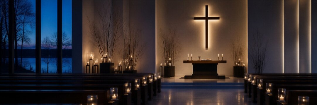 Interior of modern minimalist church with illuminated cross on wall and burning candles near wooden pews at dusk. Panoramic view of empty chapel altar with branches decoration.
