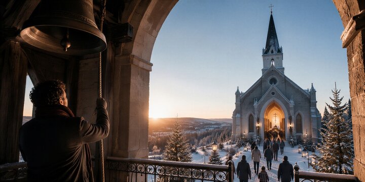 Man ringing church bell in bell tower at winter sunset. People walking to gothic church for christmas eve service. Snowy landscape, faith and holiday celebration concept.