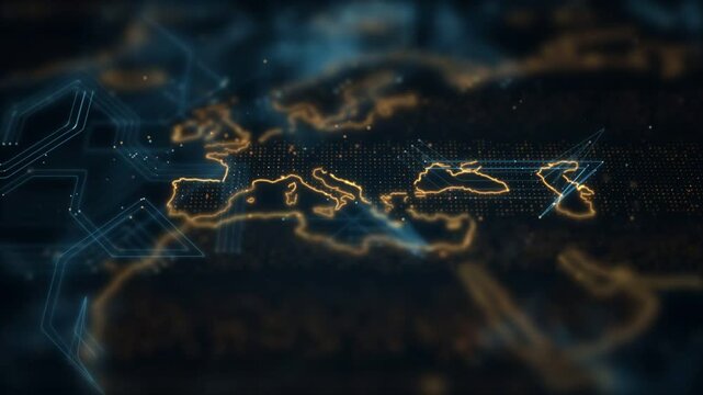 Golden world map on a blue circuit board background with glowing city light clusters