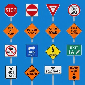 Collection Of Road Safety And Traffic Signs Against Blue Sky