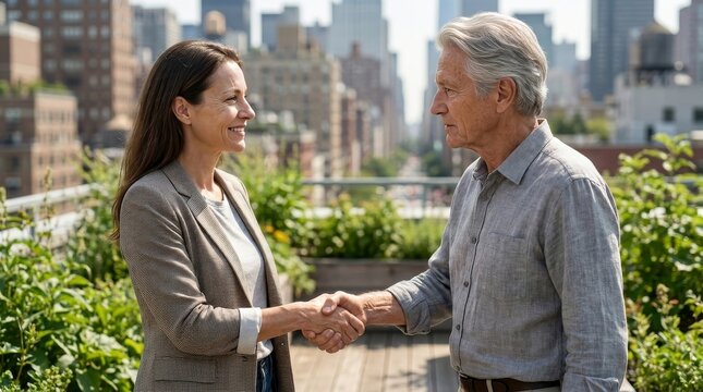 Young entrepreneur and senior investor shaking hands on a rooftop