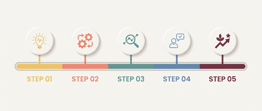 Five step business process infographic with colorful timeline, strategy, workflow, analysis, customer feedback and growth icons, modern corporate presentation illustration, copy space