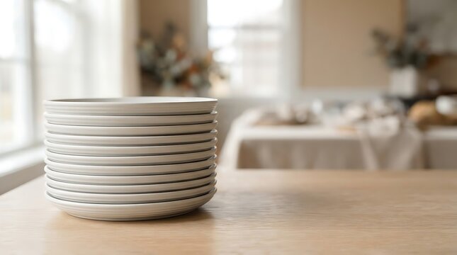 Stack of white plates on wooden table with blurred Thanksgiving background