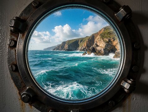 View through metal porthole shows ocean waves, rocky coast. Blue sea with white foam hits cliffs under sunny sky. Scenic seascape from ship window during sea voyage. Coastal landscape frame with