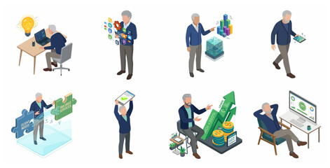 Fototapeta premium Isometric Senior Businessman Character Set for Professional Business Strategy, Data Analysis, and Marketing Growth