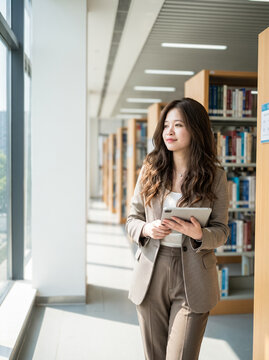 Young woman holding books in modern library