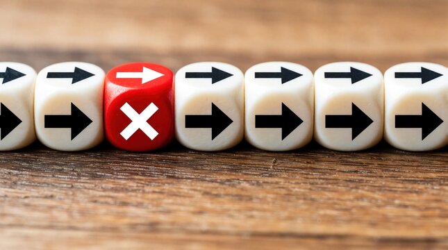 Row of white dice show black arrows pointing right. Red die displays white cross mark. Conceptual image shows decision making, wrong choice or rejection. Success and failure.