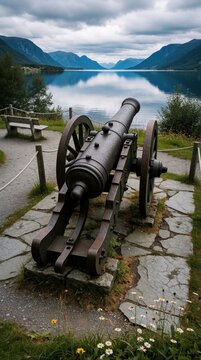 Old cannon rests by still lake with calm water reflecting mountains. Scenic Norway landscape provides tranquil historical viewpoint. Bench offers rest near grassy path.