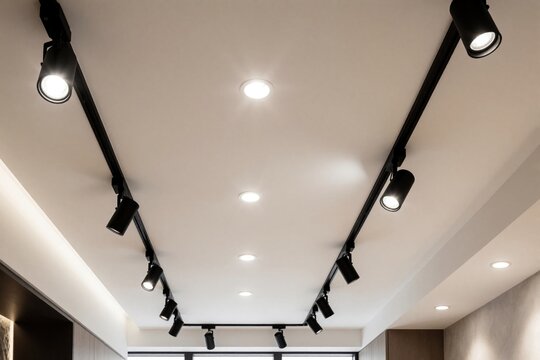 Black track light system illuminates white ceiling. Spotlights are mounted on rails, providing bright modern interior lighting. Clean architectural lines and geometric patterns are visible.