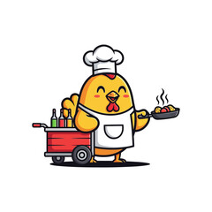 Obraz premium Cute chicken chef with red street food cart holding a hot frying pan, concept for street restaurant logo, ideal for food truck branding and menu design