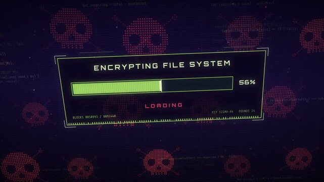 Ransomware attack screen with an encrypting file system progress bar filling to a locked alert