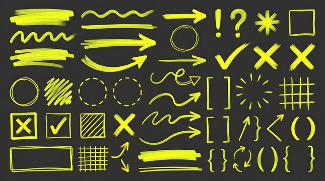 Neon yellow highlighter marker doodles and shapes set, chalk style hand drawn arrows, brackets and speech bubbles