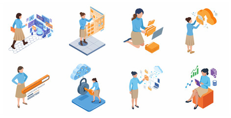 Fototapeta premium Set of isometric illustrations featuring a woman managing cloud data, digital files, and cyber security.