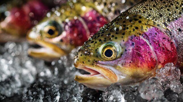 Vibrant rainbow trout heads on crushed ice, photorealistic close-up