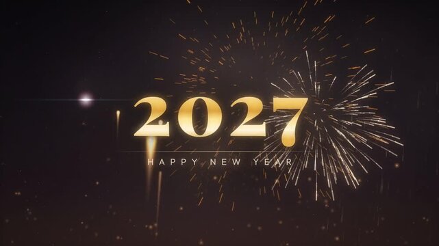 Golden 2027 Happy New Year text glowing over colorful fireworks exploding in a dark night sky