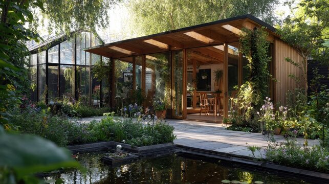 Modern wooden garden studio with glass walls and lush pond landscape, photorealistic CGI