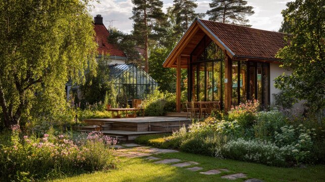 Scandinavian cottage garden with wooden pavilion and greenhouse in summer