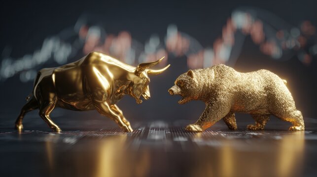 Golden bull and bear figurines facing off against blurred stock market chart background
